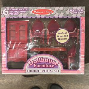 Melissa & Doug Red Dollhouse Dining Room Set - 6-Piece Wooden Furniture